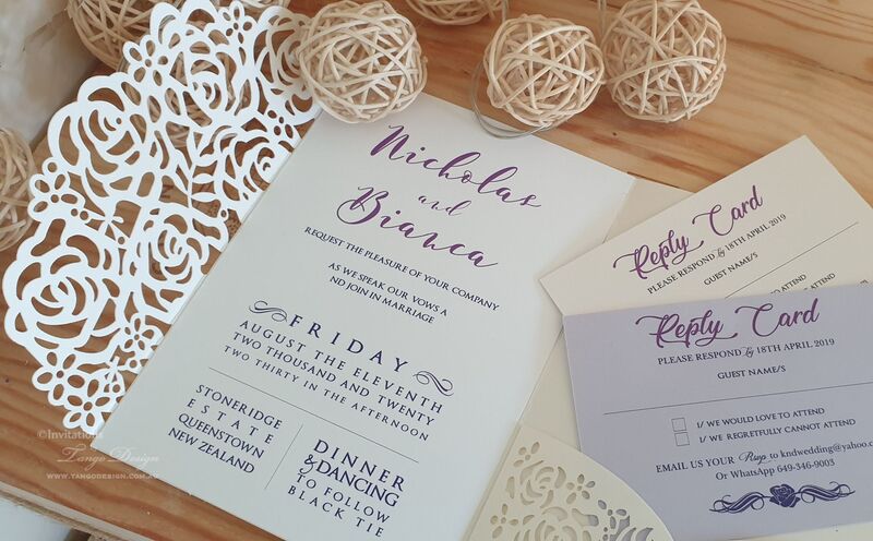 Floral purple wedding invitation. Laser cut invites