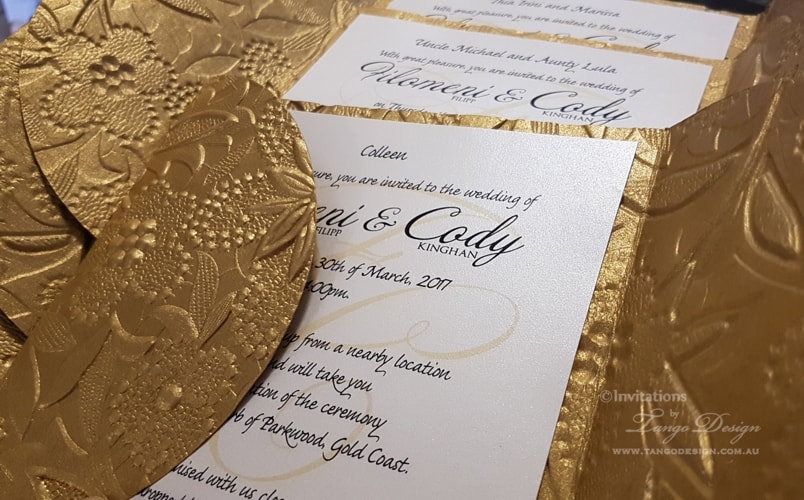 elegant wedding invites Floral wedding invitation: handmade with gold embossed floral card and ivory ribbon