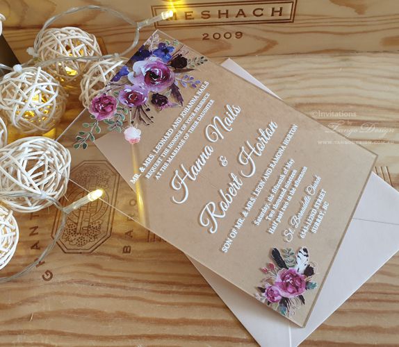 acrylic wedding invitation brisbane. Purple burgundy floral UV printing