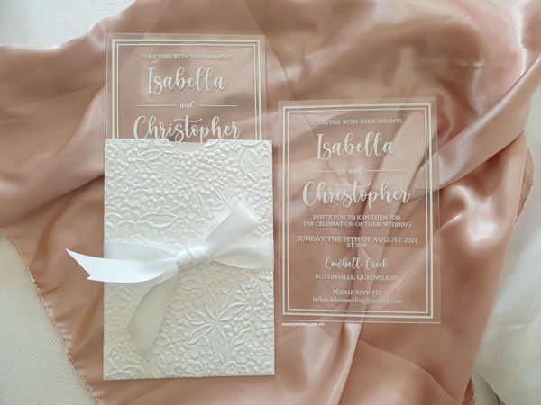 acrylic wedding invitations australia. White ink clear invites cowbell creek