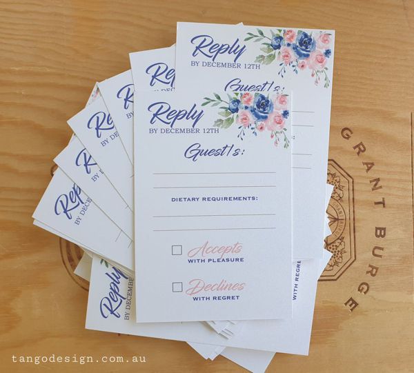 navy blue and blush pink floral wedding invitations and reply cards tango design invites