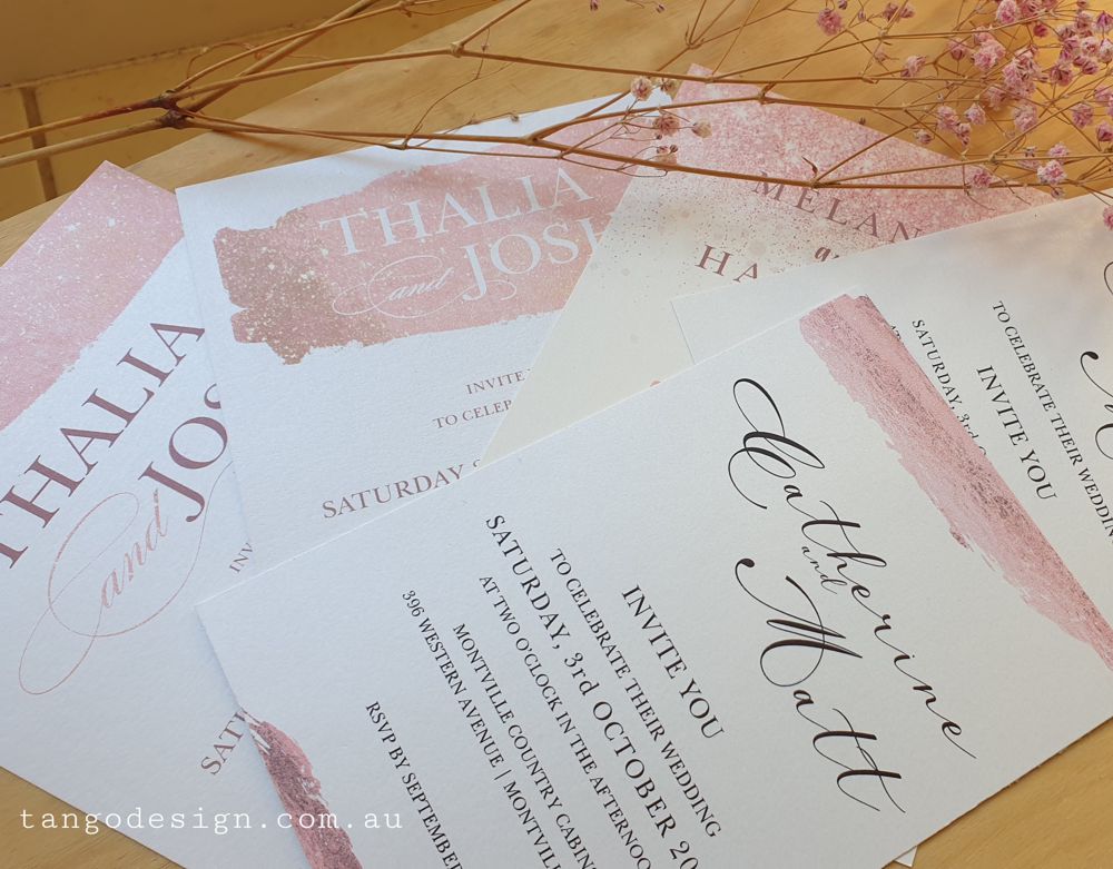 blush pink brushed wedding invitations by tango design online australia