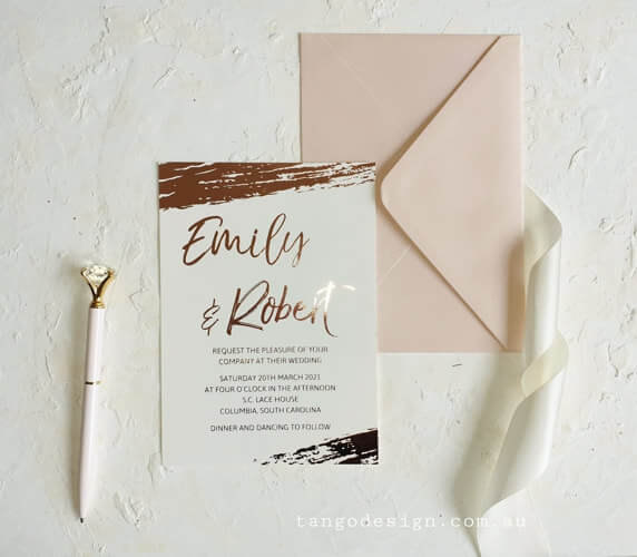 Foil wedding invitations australia. Online foil wedding invites. Brush design.