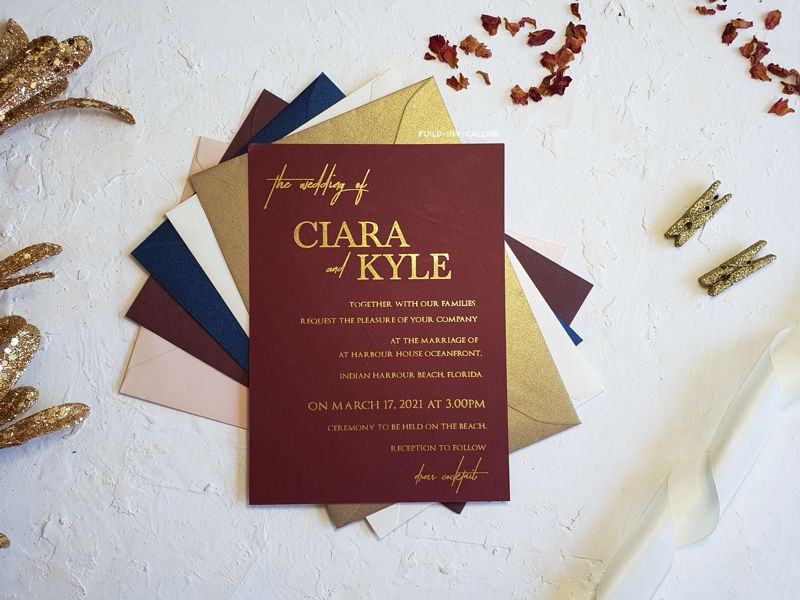 Online Simple wedding invitations Australia. Burgundy and gold foil invites.
