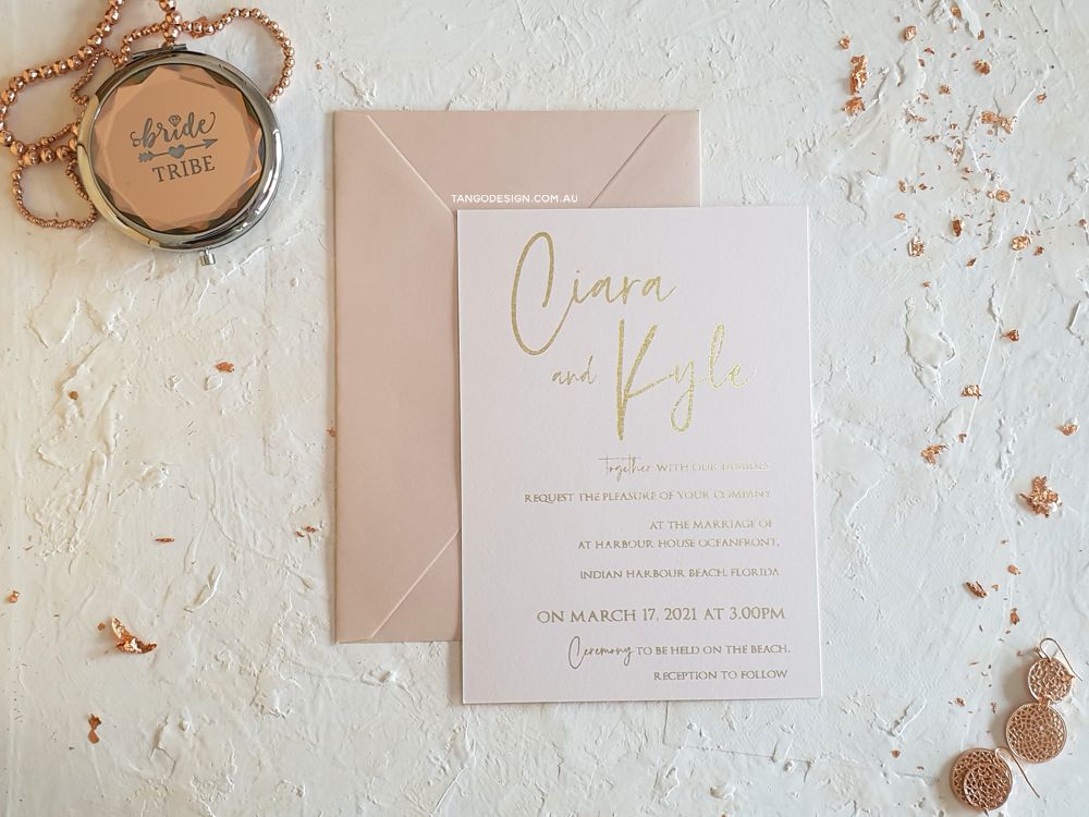 gold and blush pink minimalist wedding invitation. Gold foil modern wedding invites Australia.