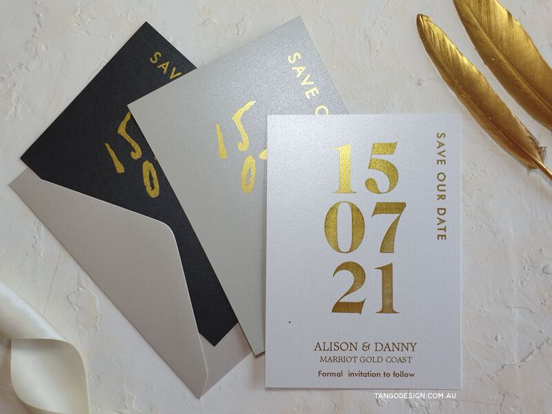 save the date cards. gold wedding invitations.
