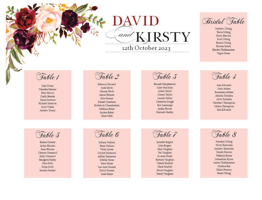 seating plan wedding burgundy boho floral. Guest list.