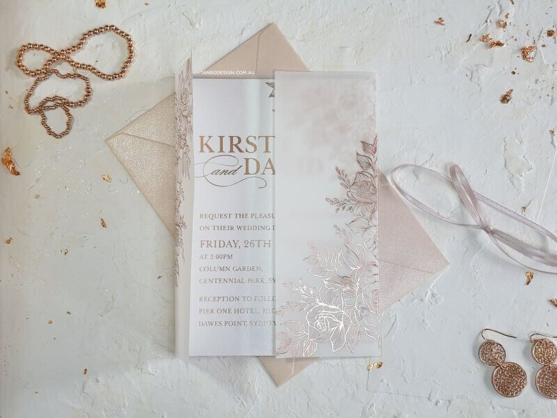 Vellum wedding invitations with rose gold floral Foil design. Wedding invitations australia. Invitations by Tango Design.