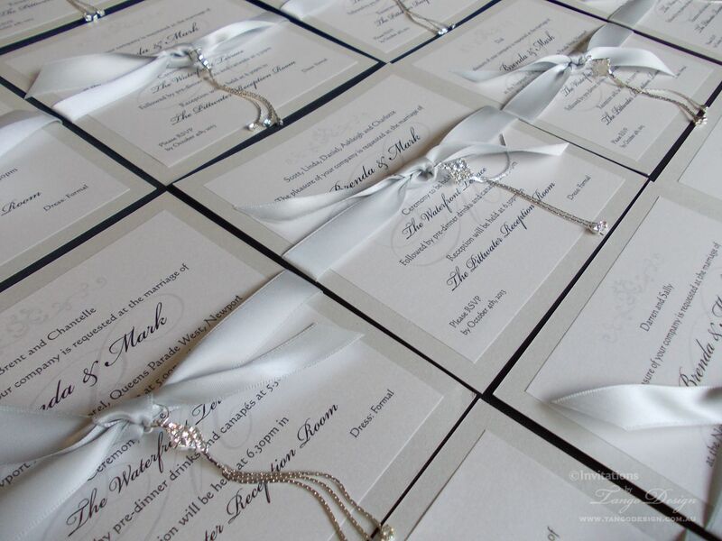 ribbon and crystal wedding invitations, embellished with rhinestone charm