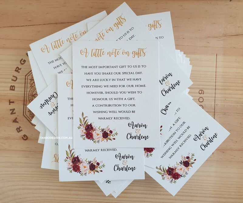 WEDDING day. a NOTE ON GIFTS CARD,  BURGUNDY FLORAL BOHO INVITATION PACK
