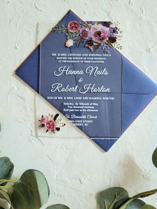 ACRYLIC WEDDING INVITATION floral BOHO. Clear wedding invites blue pink purple Australia