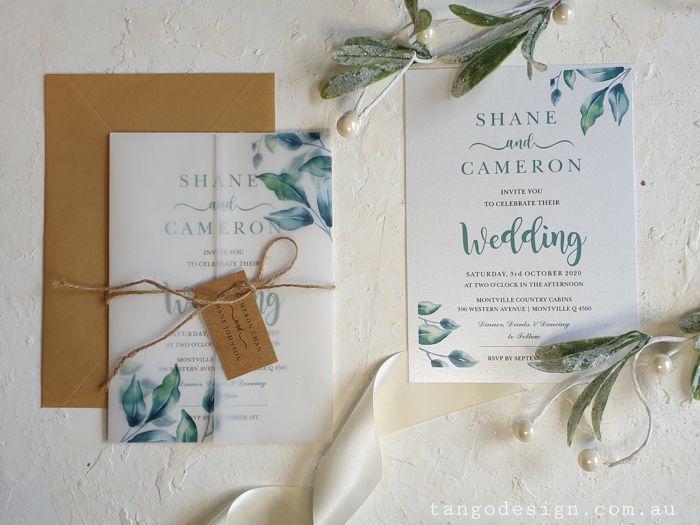 greenery eucalytus wedding invitations. Vellum leafy invites.