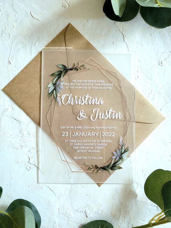 ACRYLIC WEDDING INVITATION eucalyptus wreath. Greenery Clear wedding invites leafy green