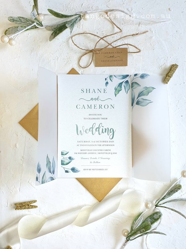 Greenery wedding invites adelaide printed on clear vellum card.