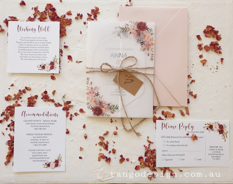 floral rustic paper tag floral blush wedding invitation design, with vellum gate jacket and twine