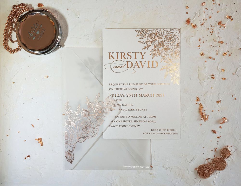 Perth luxury elegant wedding invitations.  vellum rose gold foil envelopes tango design unique invites