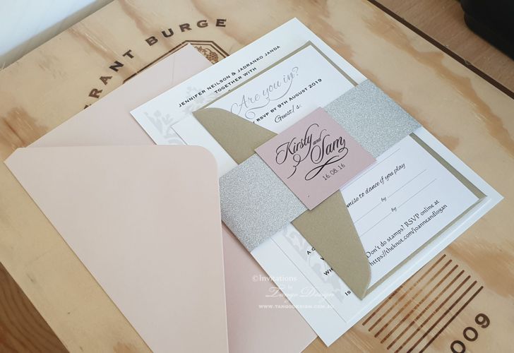Wedding invitation in a set with gold and blush envelopes