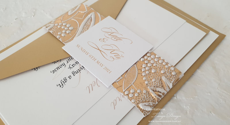 gold foil floral band + wedding invitation set australia with rsvp card and envelopes