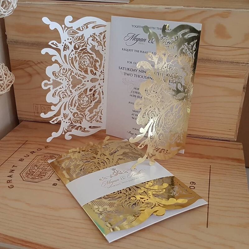 Laser cut wedding invitation Melbourne. Handmade with gold foil card.