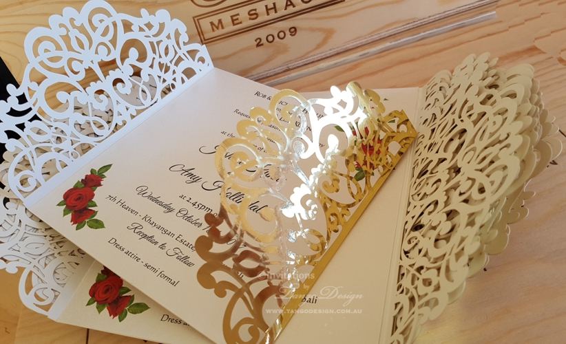 Red roses + gold foil wedding invitation laser cut with red ribbon and printed card  
