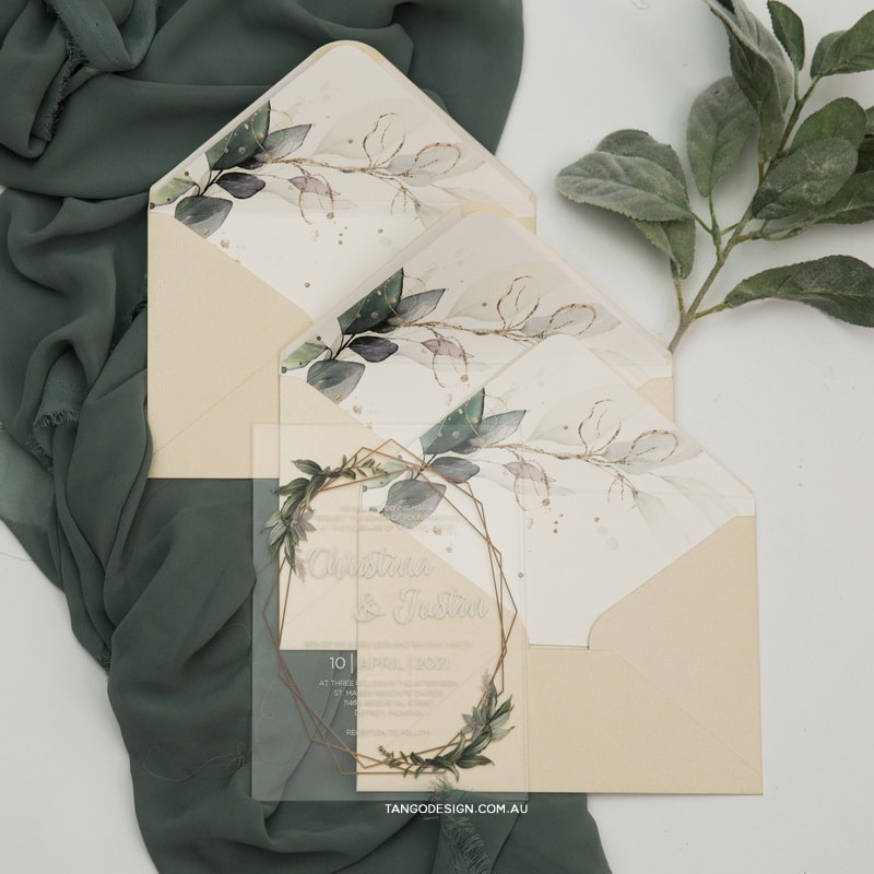 wreath greenery wedding invitations brisbane acrylic botanical tango design