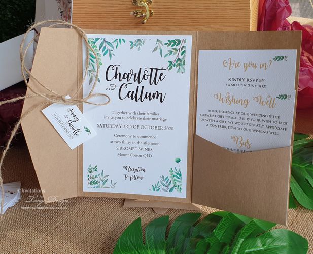 Kraft greenery wedding invitation pockets. Austinvilla gold coast wedding. Invitations by Tango Design