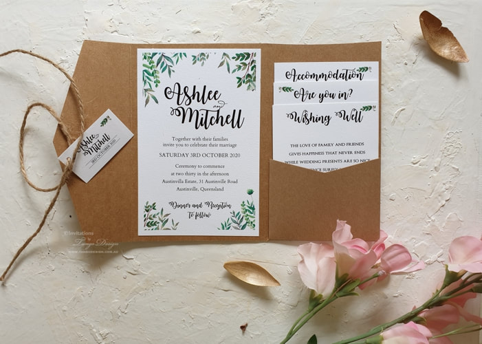 kraft pocket fold wedding invitation pack with info and rsvp cards