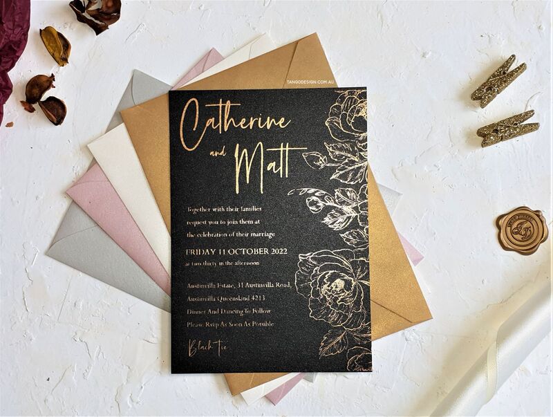 gold foil wedding invitations Melbourne botanical floral gold on black tango design invites