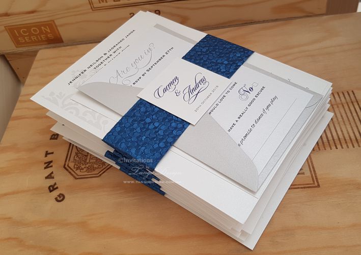 Bundle blue wedding invitation pack. Silver RSVP envelope and white reply card. 5x7 size.