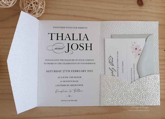 bundle pack white wedding invitations with rsvp card and reply envelopes printed. Melbourne wedding