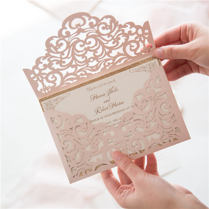 Wedding invitations perth. Lasercut blush pink gold glitter invites