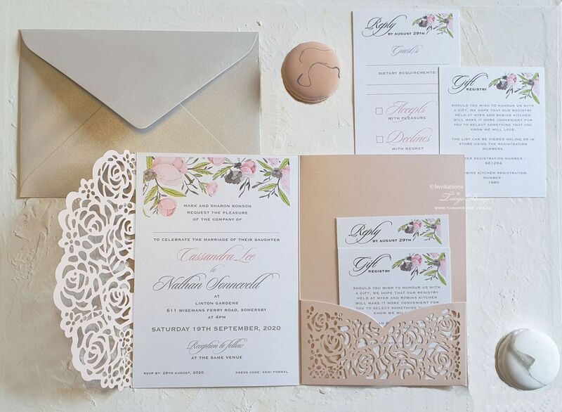 laser cut pocket ivory and pink, floral wedding invitation suite australia