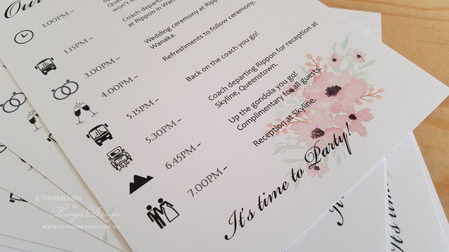 floral wedding program timeline card