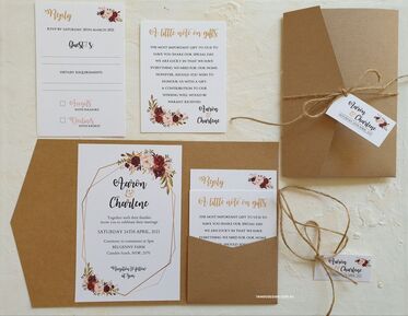 boho wedding invitations with dried flowers blush burgundy kraft pocket