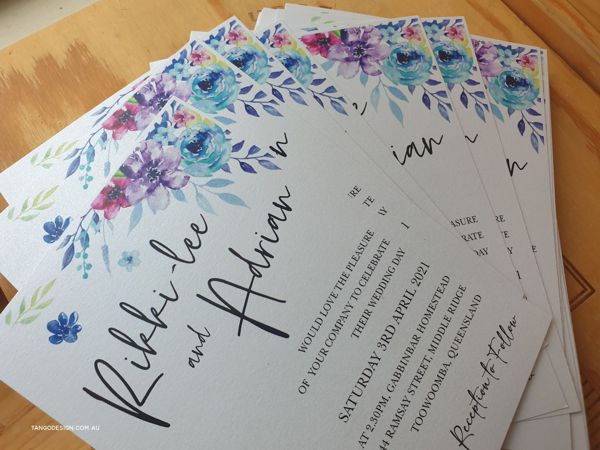 blue purple wedding invitation with floral design. Wedding cards australia