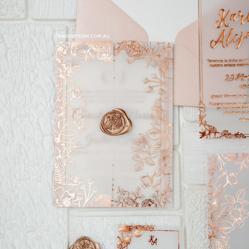 wedding invites real rose gold invitations on vellum with wax seal Perth Australia
