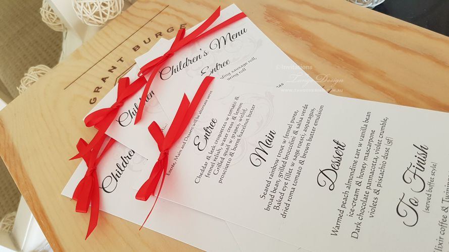 dinner menu card for wedding or event, red ribbon and guest  dinner