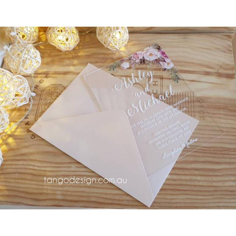 acrylic wedding invitation with floral UV printer design on clear