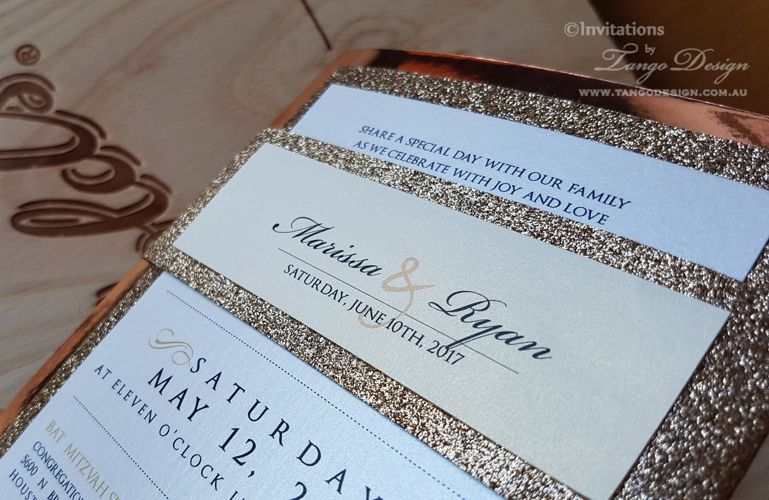 gold glitter wedding invitation with belly band