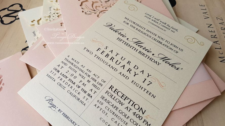 quinceanera pink pocket  invitation. 15th girl birthday invites