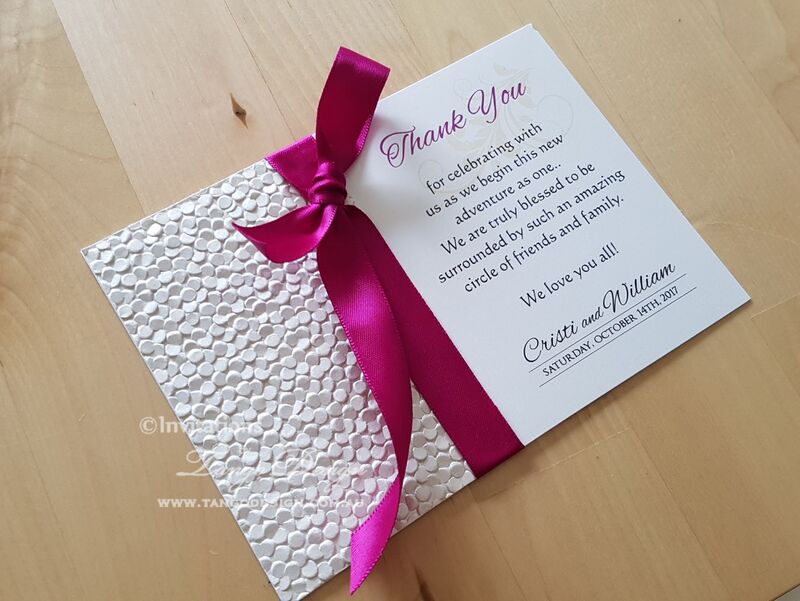 Thank you cards with hot pink ribbon. Wedding and event stationery