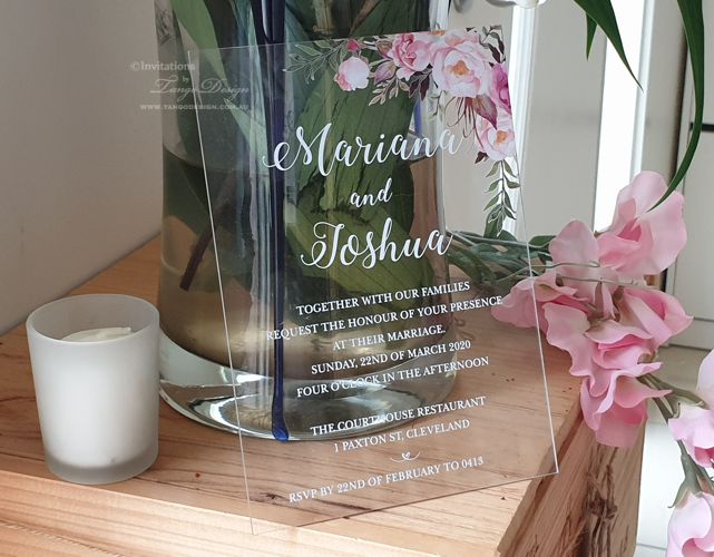 Sydney acrylic wedding invites, unique floral bouquet printed on crystal clear transparent acrylic card.
