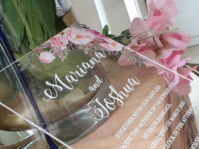 acrylic wedding invites, with floral bouquet printed on crystal clear tranparent acrylic card.