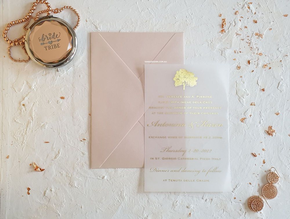 vellum rose gold foil botanical tree wedding invitation