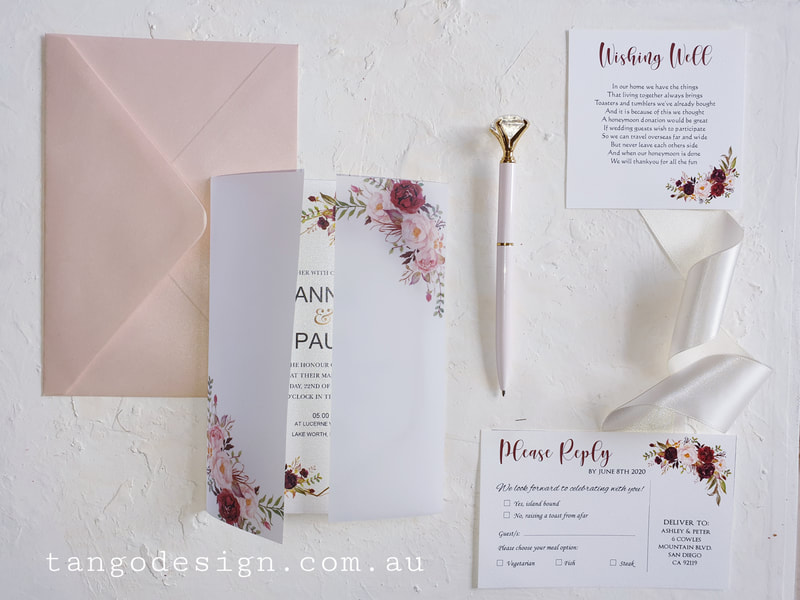 Burgundy blush floral wedding invites adelaide printed on clear vellum card.