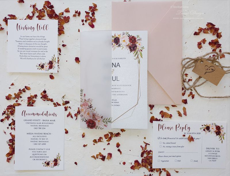 vellum wedding invitations. Vellum jacket burgundy wedding invitation floral blush 