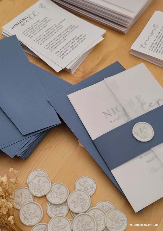 Blue wedding invitations. Wax seal vellum invites. Brisbane gold coast wedding invitations online.