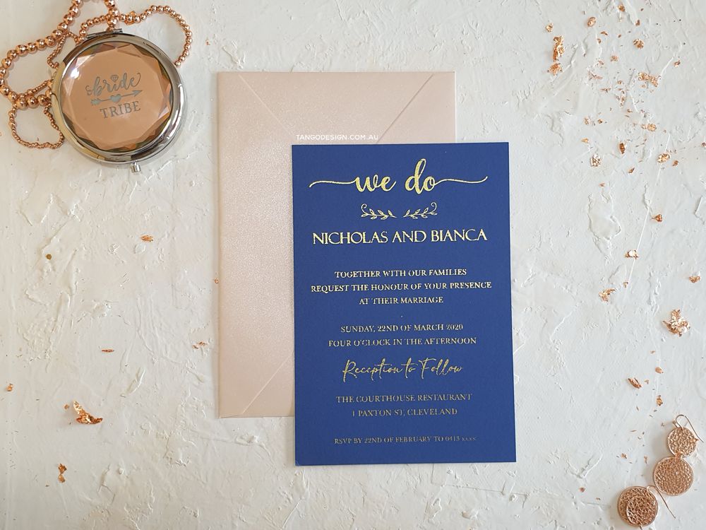 BLUE GOLD AND BLUSH PINK WEDDING INVITATIONS. Foil printed in Australia and paired with pink envelopes. We do.