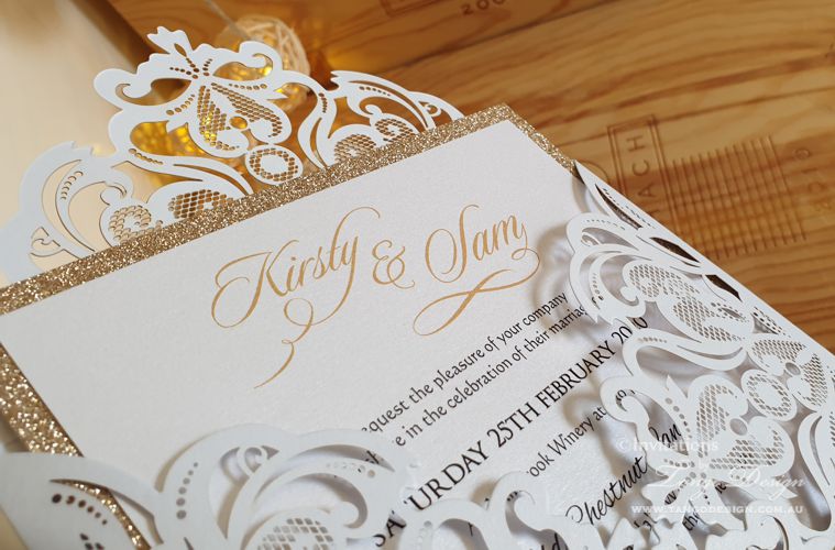 white and gold glitter laser cut wedding invitations brisbane wedding